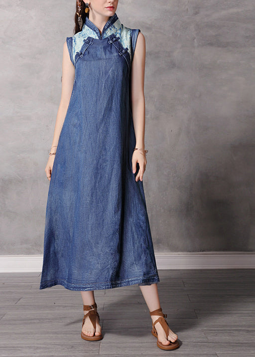 2025 Blue Stand Collar Button Patchwork Long Denim Dress Sleeveless