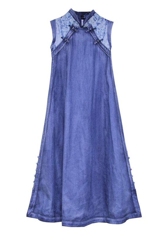 2025 Blue Stand Collar Button Patchwork Long Denim Dress Sleeveless