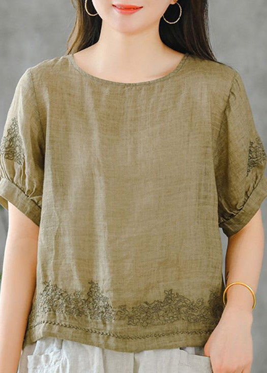 2025 Grass Green O-Neck Embroideried Ruffled Linen Tops Short Sleeve