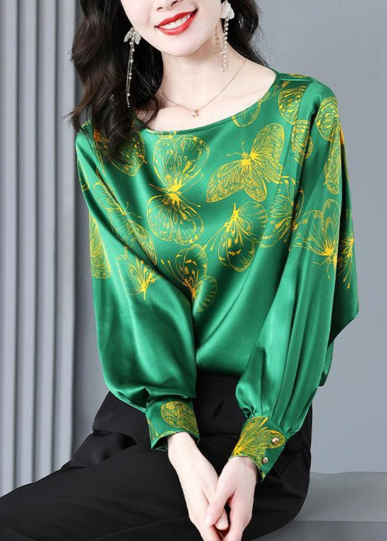 2025 Green O-Neck Butterfly Print Silk Tops Long sleeve