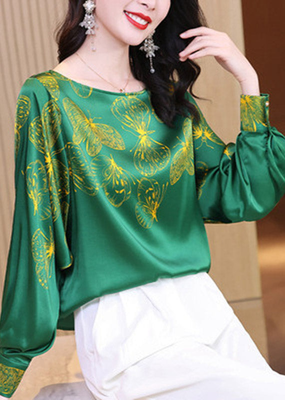 2025 Green O-Neck Butterfly Print Silk Tops Long sleeve