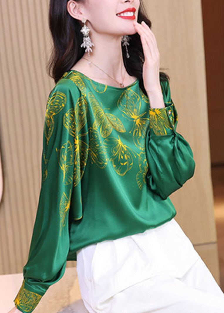 2025 Green O-Neck Butterfly Print Silk Tops Long sleeve