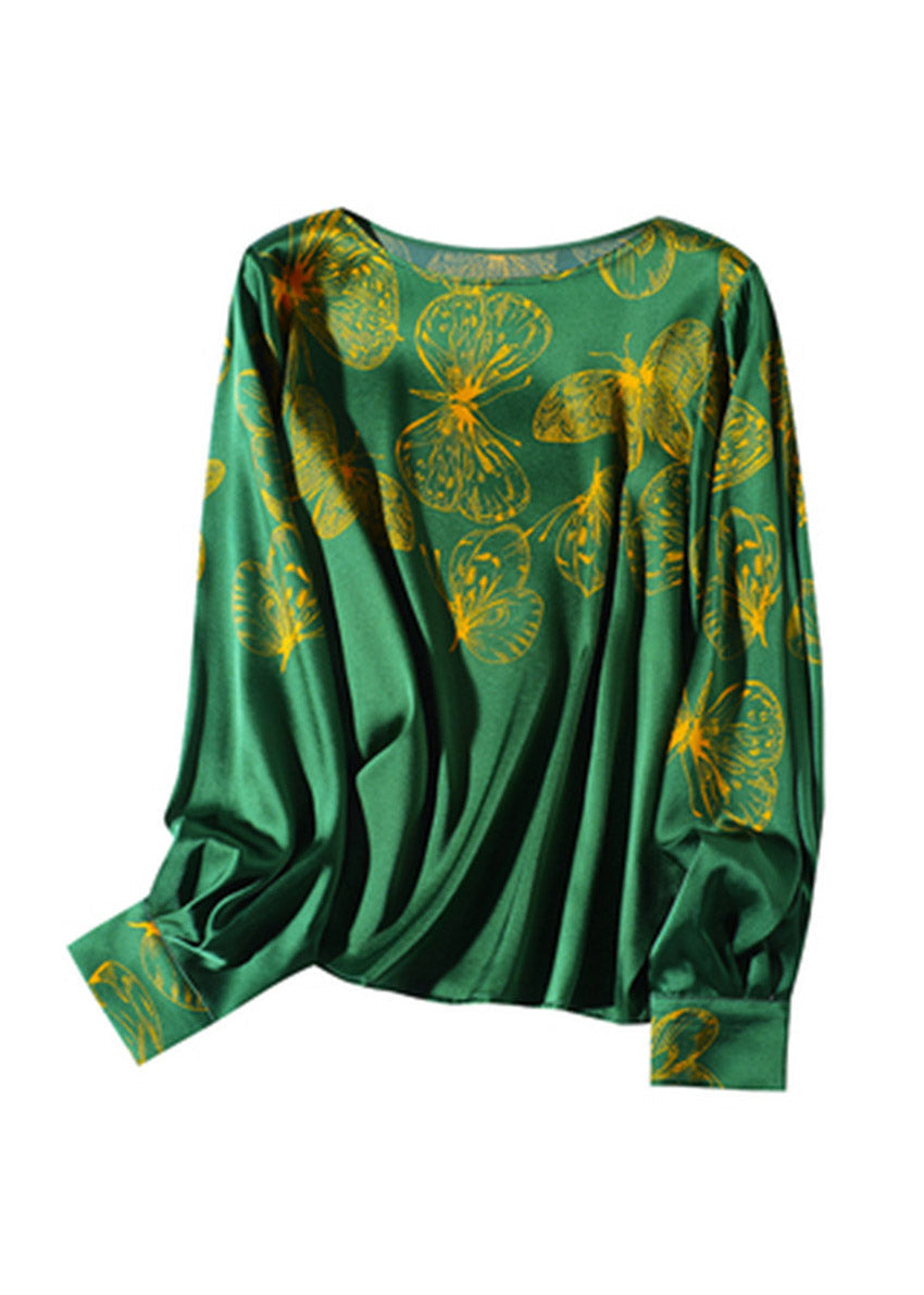 2025 Green O-Neck Butterfly Print Silk Tops Long sleeve