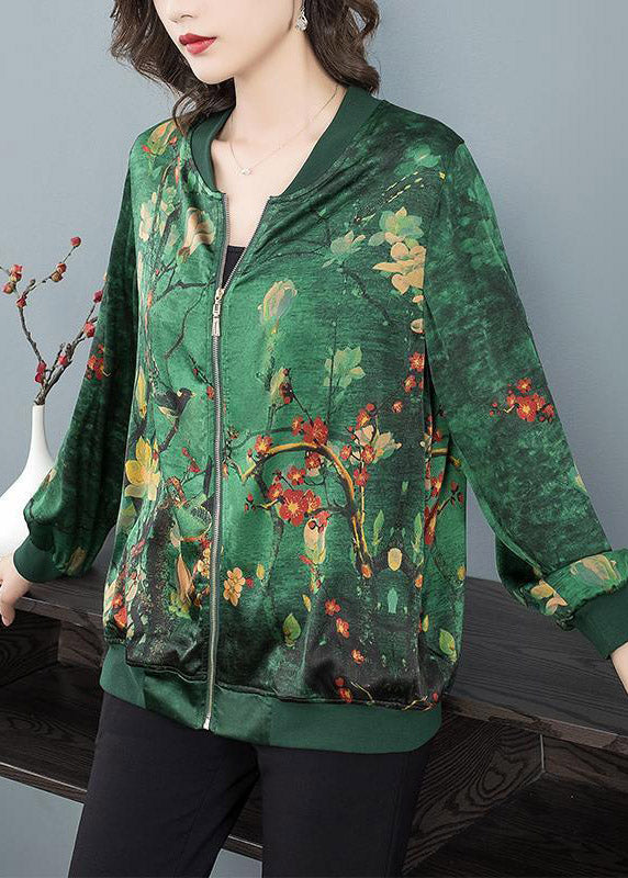 2025 Green O-Neck Print Zip Up Silk Coats Long Sleeve