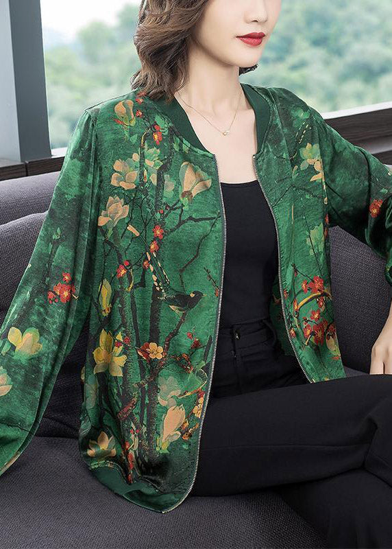 2025 Green O-Neck Print Zip Up Silk Coats Long Sleeve