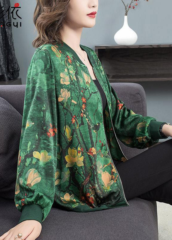 2025 Green O-Neck Print Zip Up Silk Coats Long Sleeve