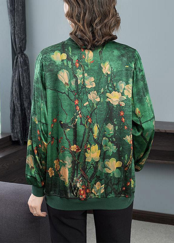 2025 Green O-Neck Print Zip Up Silk Coats Long Sleeve