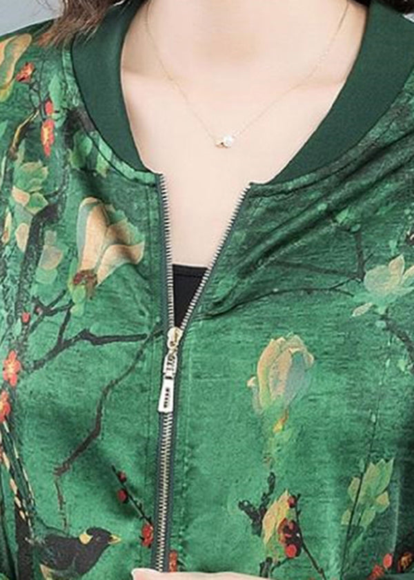 2025 Green O-Neck Print Zip Up Silk Coats Long Sleeve