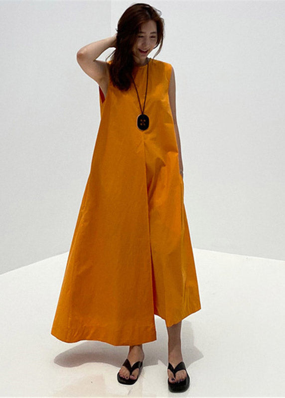 2025 Orange O-Neck Asymmetrical Pockets Cotton Long Dresses Sleeveless