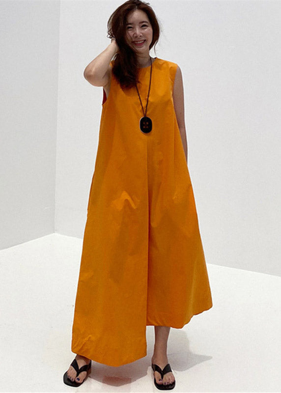 2025 Orange O-Neck Asymmetrical Pockets Cotton Long Dresses Sleeveless