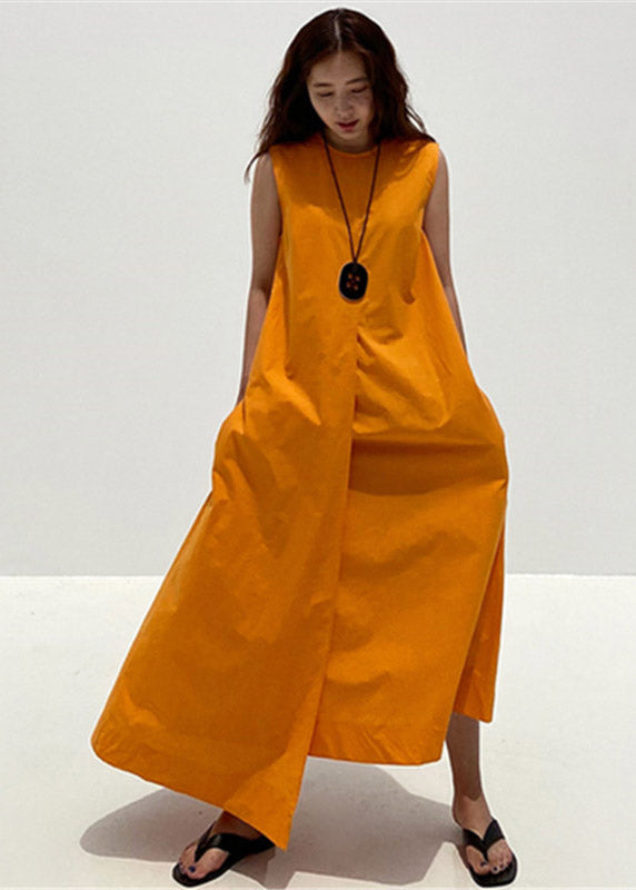 2025 Orange O-Neck Asymmetrical Pockets Cotton Long Dresses Sleeveless