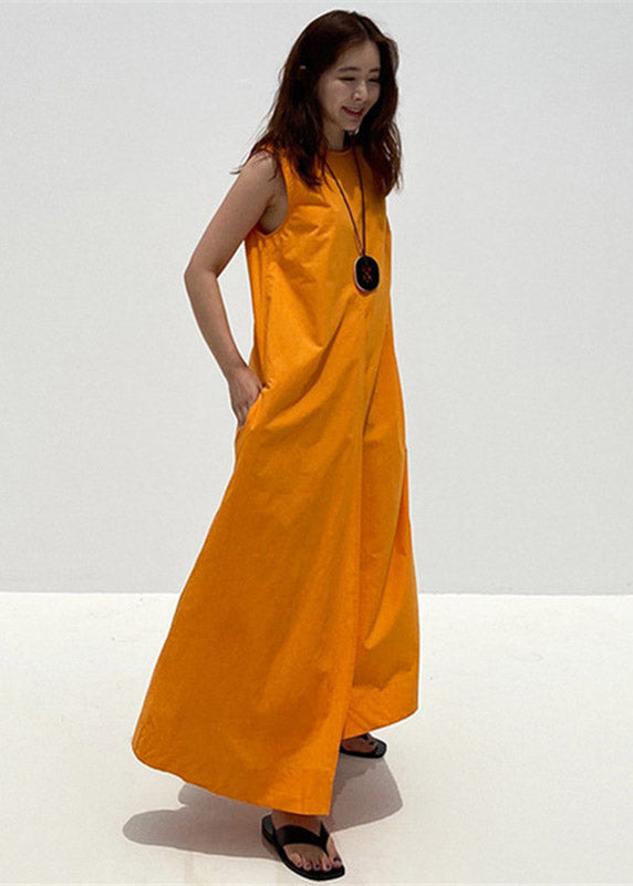 2025 Orange O-Neck Asymmetrical Pockets Cotton Long Dresses Sleeveless