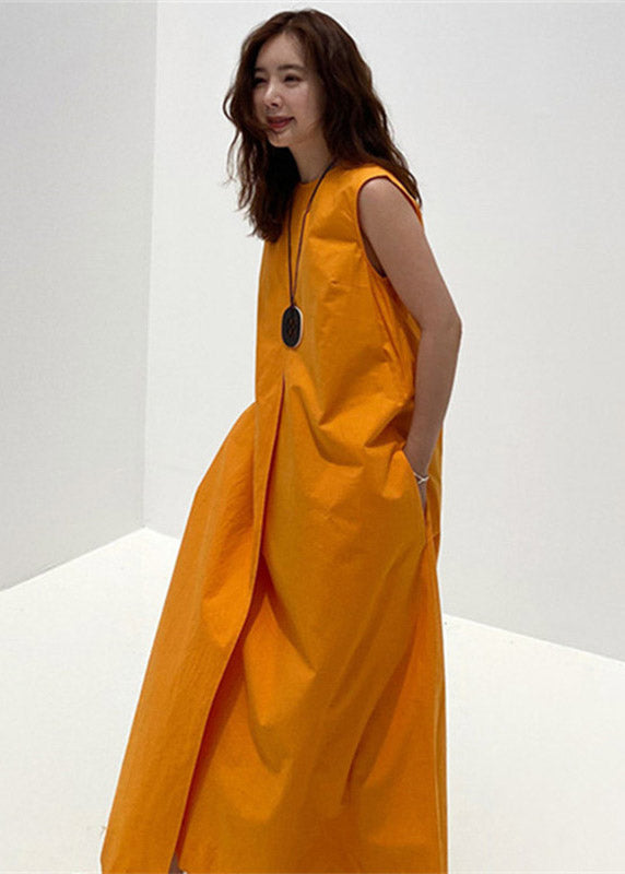 2025 Orange O-Neck Asymmetrical Pockets Cotton Long Dresses Sleeveless