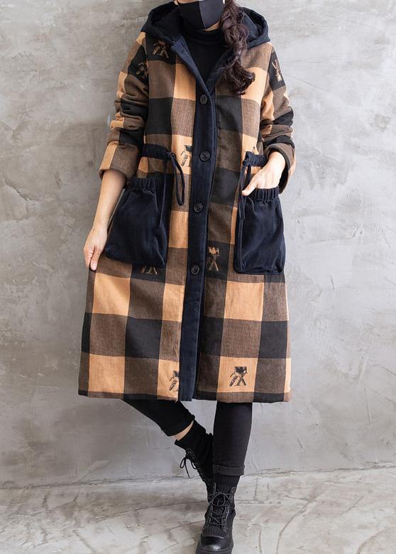 Oversize Coats Yellow Plaid Hooded Drawstring parkas Coats