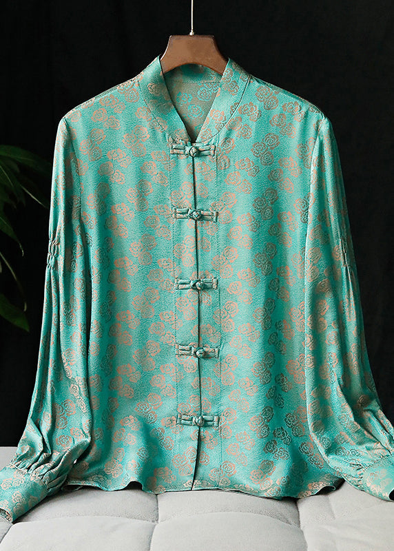 2025 Peacock Green Mandarin Collar Button Jacquard Shirt Tops Long sleeve