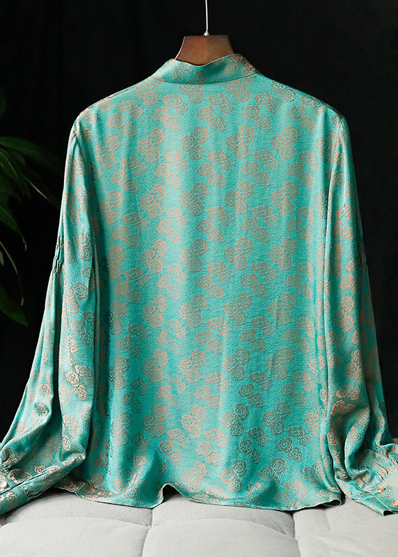 2025 Peacock Green Mandarin Collar Button Jacquard Shirt Tops Long sleeve