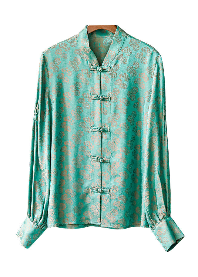 2025 Peacock Green Mandarin Collar Button Jacquard Shirt Tops Long sleeve