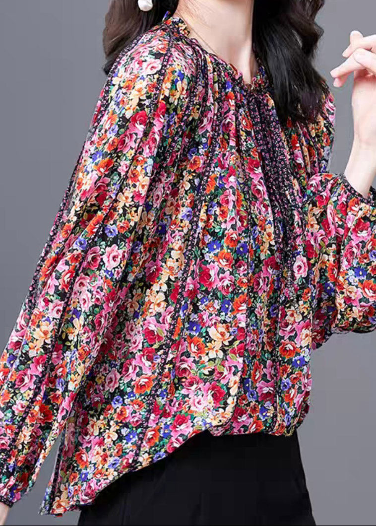 2025 Red Print Stand Collar Ruffled Silk Top Long sleeve