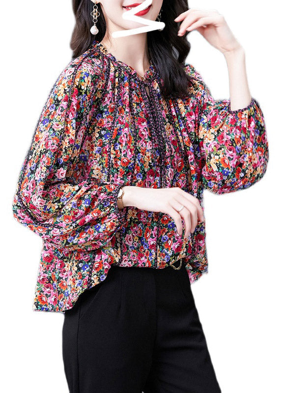 2025 Red Print Stand Collar Ruffled Silk Top Long sleeve