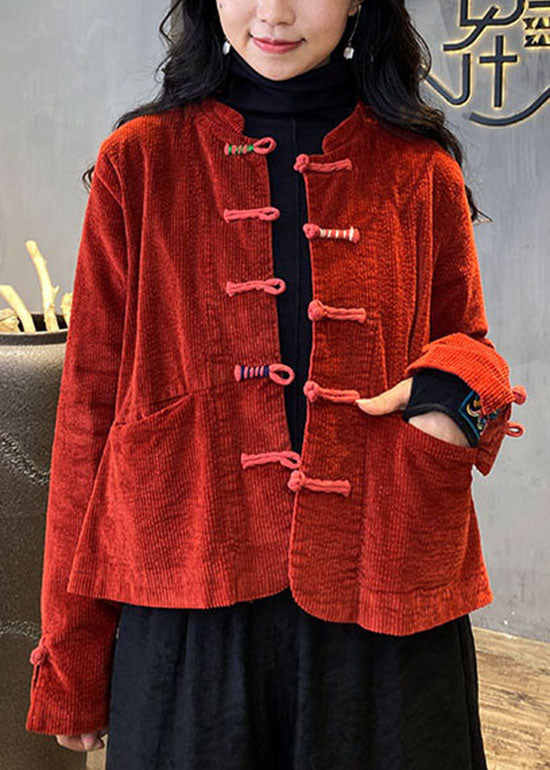 2025 Red button O-Neck pockets Corduroy Coats Spring