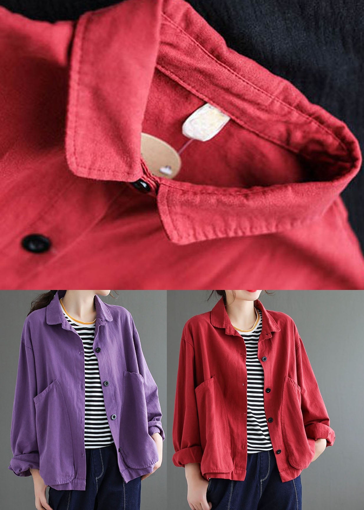 2025 Red button Peter Pan Collar Coats Long Sleeve