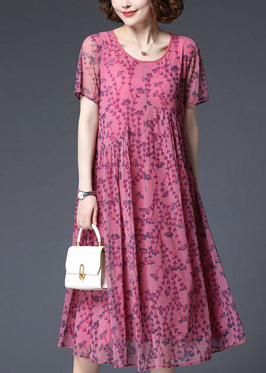 2025 Rose Wrinkled Chiffon Vacation Dress Short Sleeve