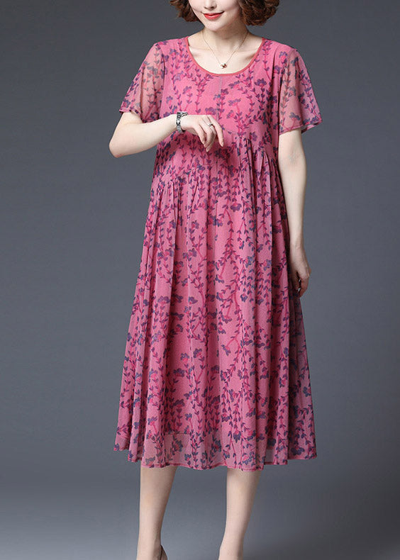 2025 Rose Wrinkled Chiffon Vacation Dress Short Sleeve