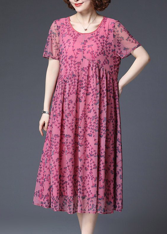 2025 Rose Wrinkled Chiffon Vacation Dress Short Sleeve