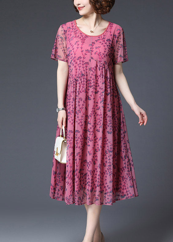 2025 Rose Wrinkled Chiffon Vacation Dress Short Sleeve