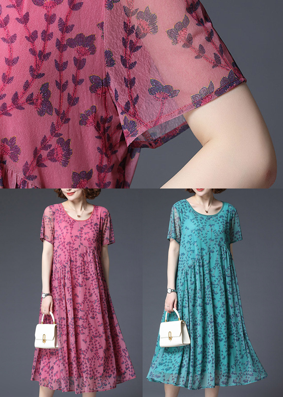 2025 Rose Wrinkled Chiffon Vacation Dress Short Sleeve