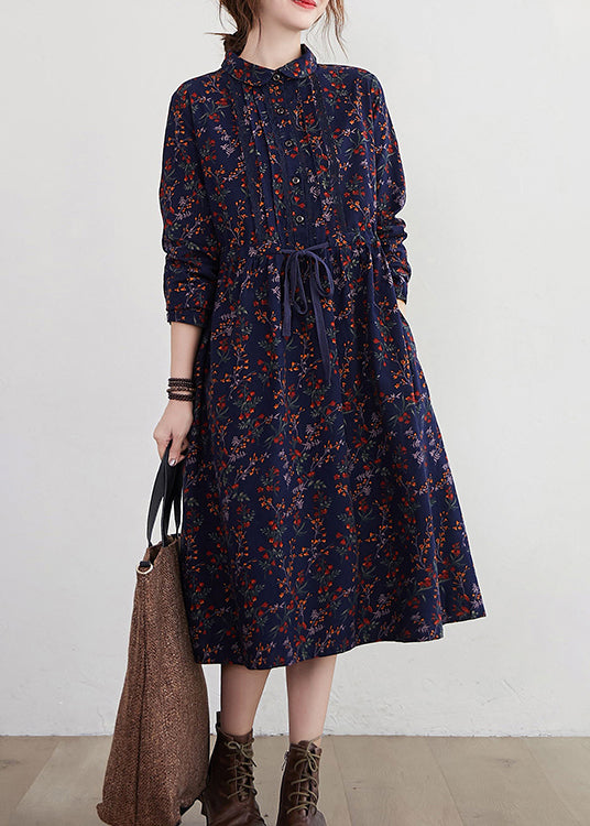 2025 Tibetan Blue Stand Collar drawstring Print Dress Long Sleeve