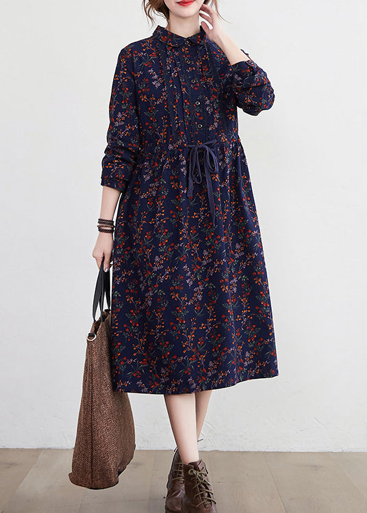 2025 Tibetan Blue Stand Collar drawstring Print Dress Long Sleeve