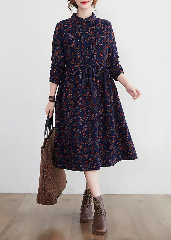 2025 Tibetan Blue Stand Collar drawstring Print Dress Long Sleeve