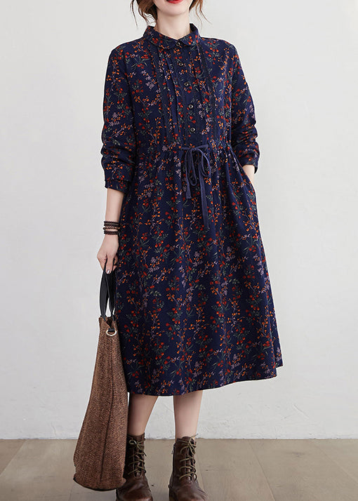 2025 Tibetan Blue Stand Collar drawstring Print Dress Long Sleeve