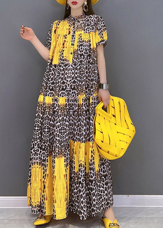 2025 Yellow Print Patchwork Long Dress Short Sleeve