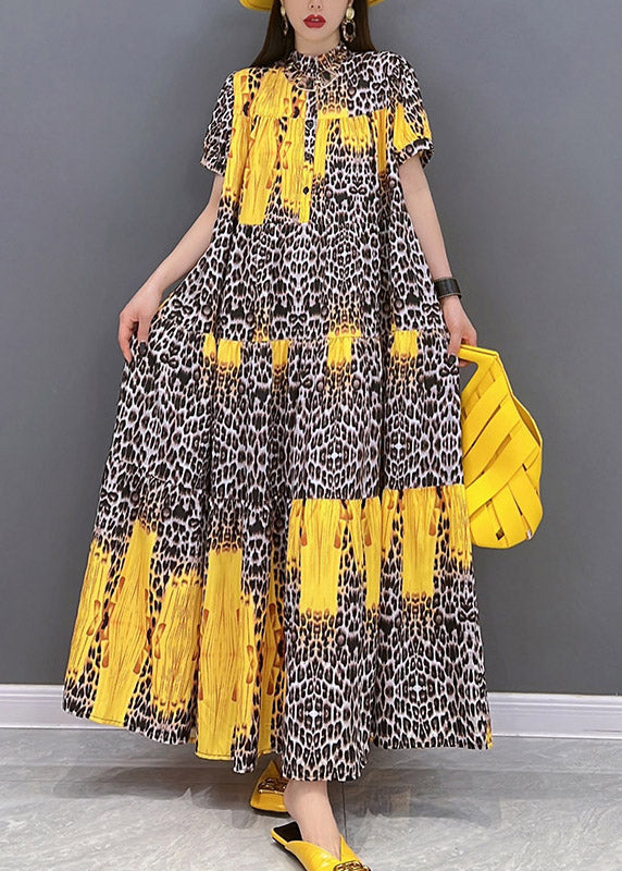 2025 Yellow Print Patchwork Long Dress Short Sleeve