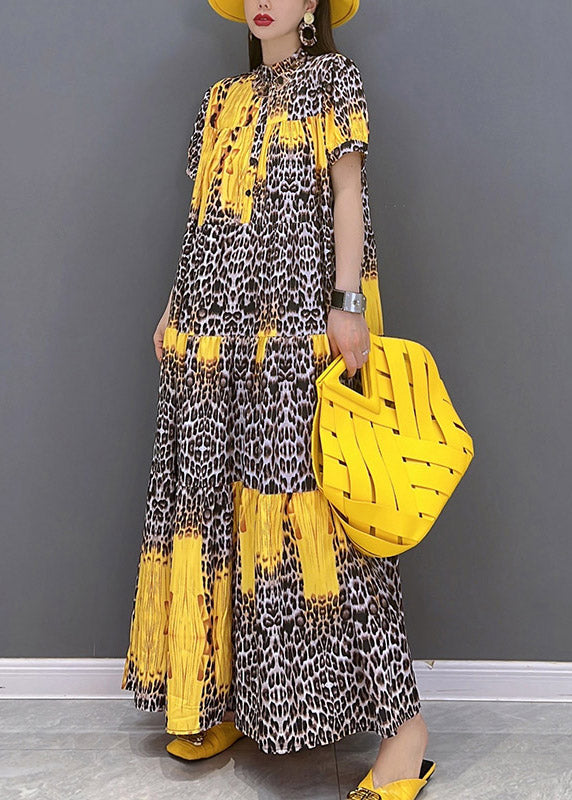 2025 Yellow Print Patchwork Long Dress Short Sleeve