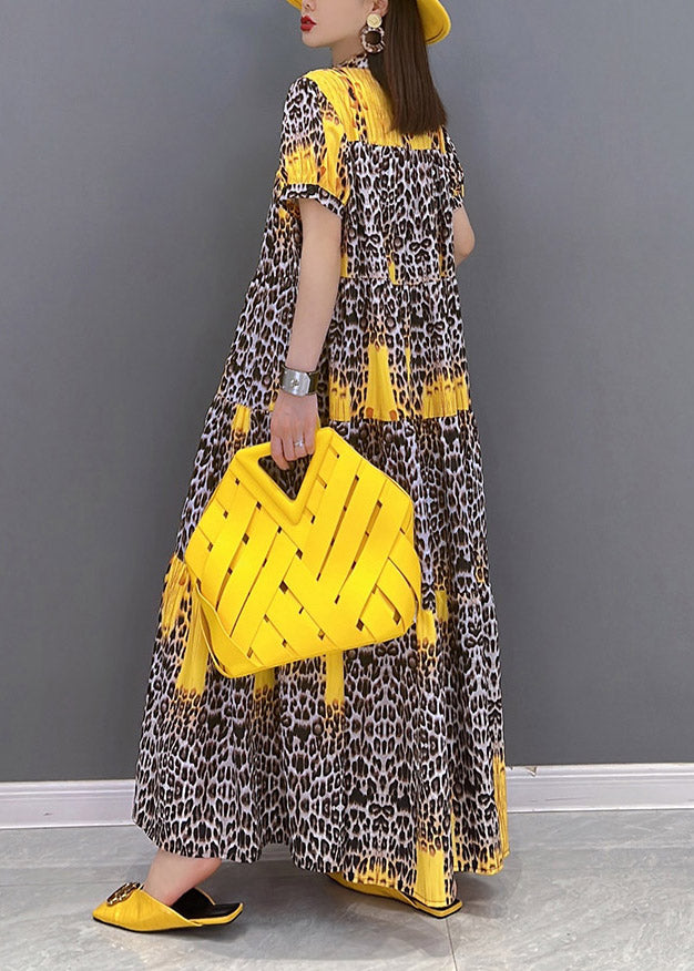 2025 Yellow Print Patchwork Long Dress Short Sleeve