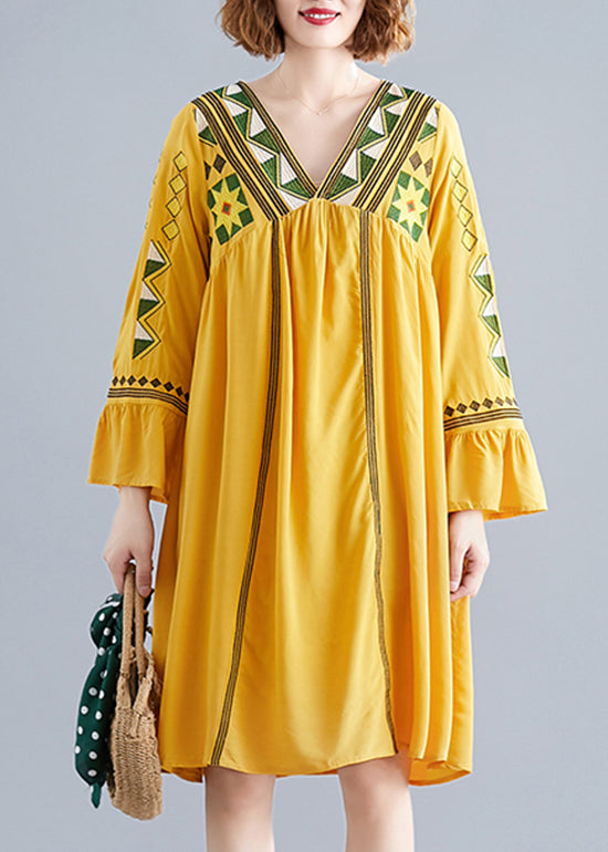 2025 Yellow V Neck A Line Dress Long Sleeve