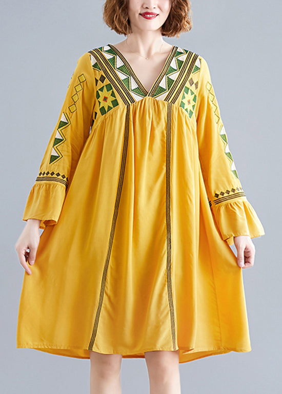 2025 Yellow V Neck A Line Dress Long Sleeve