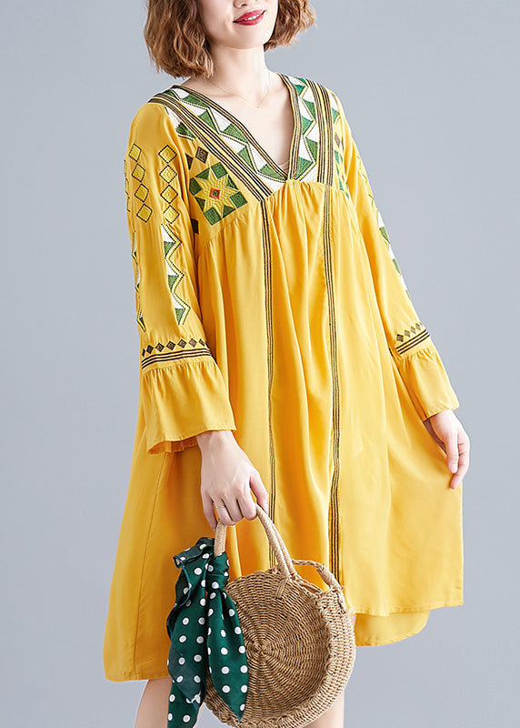 2025 Yellow V Neck A Line Dress Long Sleeve