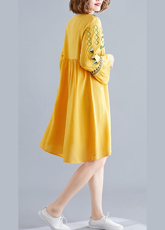 2025 Yellow V Neck A Line Dress Long Sleeve