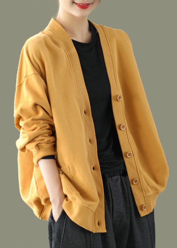 2025 Yellow V Neck Pockets Coats Long Sleeve