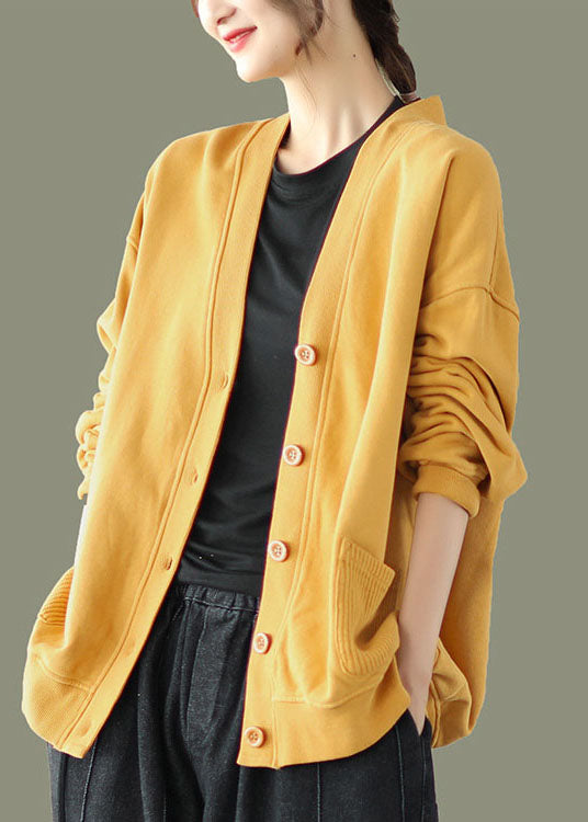 2025 Yellow V Neck Pockets Coats Long Sleeve