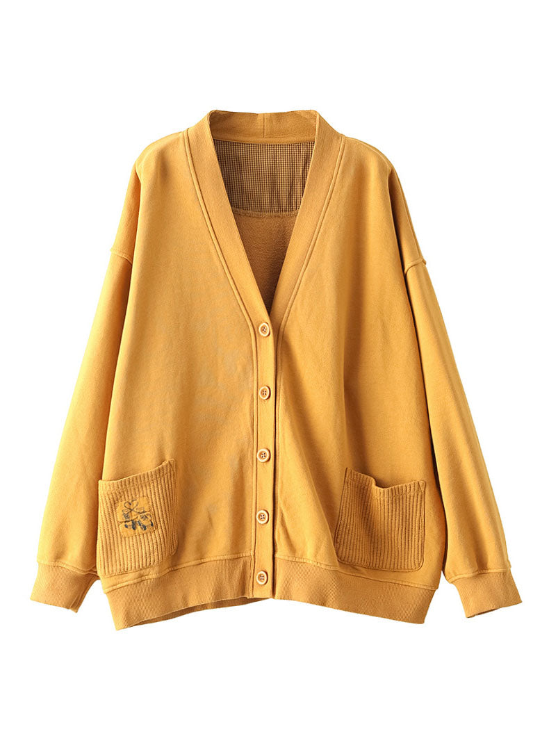 2025 Yellow V Neck Pockets Coats Long Sleeve