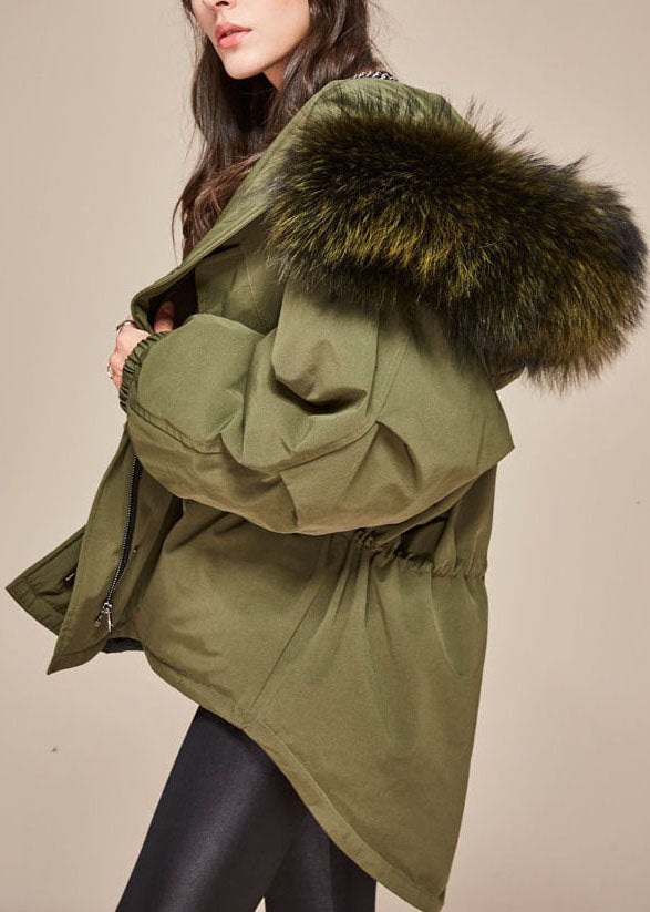 Trendy Army Green hooded Fur collar drawstring Winter Duck Down coat