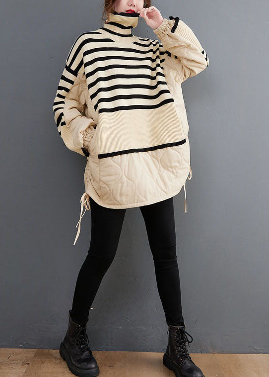 Unique Beige Turtle Neck Striped Patchwork Knit Coat Winter