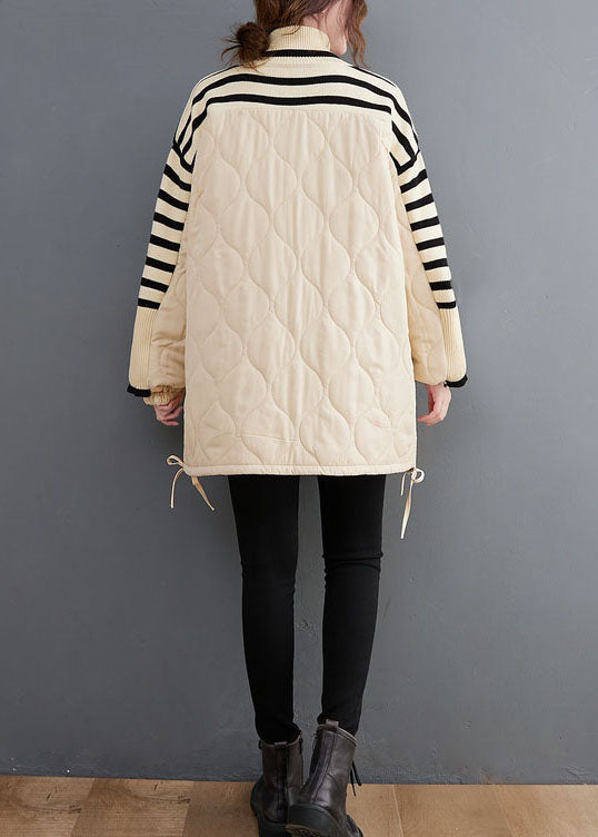 Unique Beige Turtle Neck Striped Patchwork Knit Coat Winter