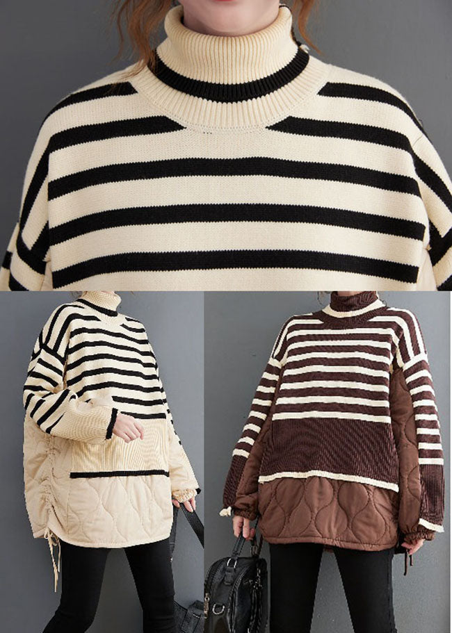 Unique Beige Turtle Neck Striped Patchwork Knit Coat Winter