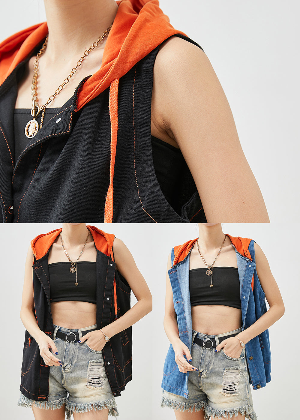 Unique Black Hooded Patchwork Denim Vests Fall